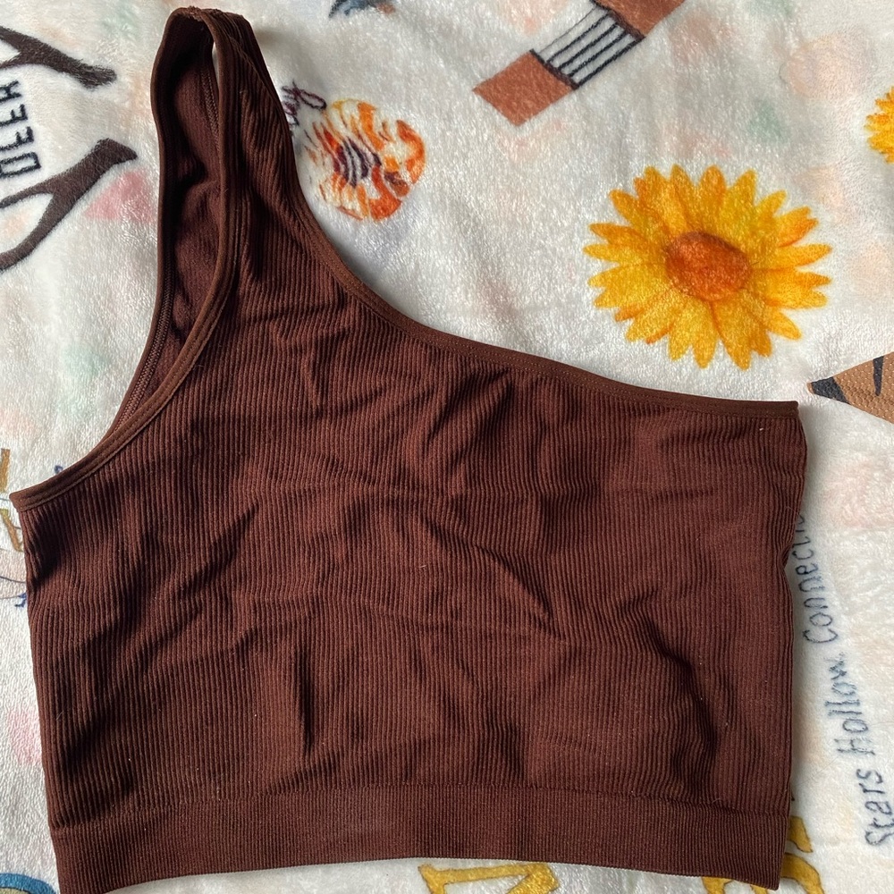 Brown One-Shoulder Ribbed Top